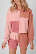 Load image into Gallery viewer, Peach Blossom Colorblock Patchwork Long Sleeve Shorts Outfit
