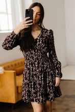 Load image into Gallery viewer, Brown Ditsy Floral Print Split Neck Long Sleeve Shirred Waist Flared Mini Dress

