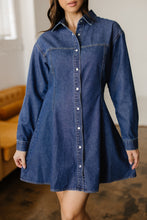 Load image into Gallery viewer, Ashleigh Blue Denim Shirt Collar Long Sleeve Flared Mini Dress
