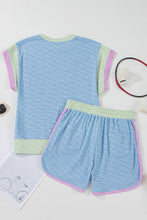 Load image into Gallery viewer, Beau Blue Corded Knit Contrast Trim Round Neck Cap Sleeve 2pcs Short Set
