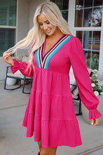 Load image into Gallery viewer, Rose Red Colorful Crochet V Neck Textured Tiered Ruffled Long Sleeve Mini Dress
