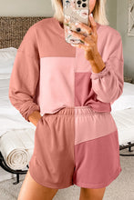 Load image into Gallery viewer, Peach Blossom Colorblock Patchwork Long Sleeve Shorts Outfit
