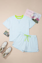 Load image into Gallery viewer, Pink Stripe Contrast Neck Loose Tee and Drawstring Shorts Set
