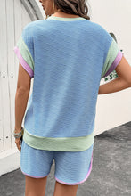 Load image into Gallery viewer, Beau Blue Corded Knit Contrast Trim Round Neck Cap Sleeve 2pcs Short Set

