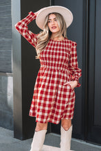 Load image into Gallery viewer, Red Plaid Print Smocked Puff Sleeve Mini Dress
