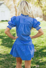 Load image into Gallery viewer, Sky Blue Embroidered Smocked Detail V Neck Short Puff Sleeve Mini Dress
