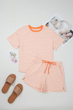 Load image into Gallery viewer, Pink Stripe Contrast Neck Loose Tee and Drawstring Shorts Set
