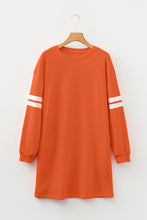 Load image into Gallery viewer, Tillandsia Purple Varsity Contrast Banded Sleeve Shift Sweatshirt Dress
