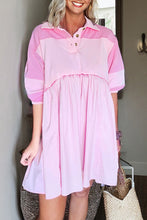 Load image into Gallery viewer, Pink Raw Seam Color Block Patchwork Button Polo Collar Mini Dress
