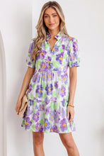 Load image into Gallery viewer, Purple Floral V Collar Short Sleeve Tiered Ruffle Mini Dress
