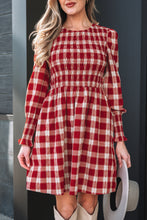 Load image into Gallery viewer, Red Plaid Print Smocked Puff Sleeve Mini Dress
