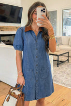 Load image into Gallery viewer, Blue Denim Short Puff Sleeve Color Block Shirt Collar Patchwork Mini Dress
