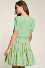 Load image into Gallery viewer, Green Stripe V Neck Short Sleeve Frilled Detail A-line Dress
