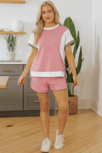 Load image into Gallery viewer, Pink Textured Colorblock Patchwork Tee Two Piece Shorts Set
