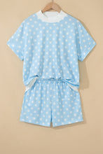 Load image into Gallery viewer, Pink Polka Dot Print Color Block Trim Mock Neck Short Set
