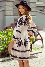 Load image into Gallery viewer, Beige Western Pattern Print Tasseled Notch V Neck Mini Dress
