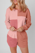 Load image into Gallery viewer, Peach Blossom Colorblock Patchwork Long Sleeve Shorts Outfit
