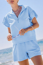 Load image into Gallery viewer, Beau Blue Ribbed Texture Half Zip Ruffled Short Sleeve Top and Shorts Set
