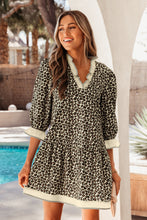 Load image into Gallery viewer, Black Leopard Print Striped Color Block Trim V Neck Bracelet Sleeve Mini Dress
