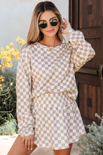 Load image into Gallery viewer, Khaki Checkered Long Sleeve Crop Top High Waist Skort 2pcs Set

