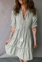 Load image into Gallery viewer, Green Stripe Tasseled Tie Neck Ruffled Short Sleeve Tiered Flattering Dress

