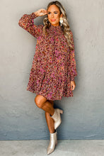 Load image into Gallery viewer, Red Floral Print Long Sleeve Shirred High Neck Loose Mini Dress

