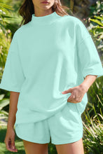 Load image into Gallery viewer, Yellow Cream Solid Color Exposed Seam Mock Neck Oversize Tee Casual Shorts 2pcs Outfit
