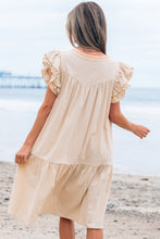 Load image into Gallery viewer, Jet Stream Linen Embroidery Split Neck Pom Pom Ruffle Sleeves Flowy Short Dress
