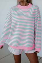 Load image into Gallery viewer, Pink Stripe Color Block Detail Long Sleeve Pullover Elastic Waist Pull On Shorts 2pcs Set
