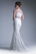 Load image into Gallery viewer, Two piece off the shoulder fitted dress with embroidered floral appliques and lace detailed skirt.
