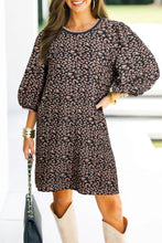 Load image into Gallery viewer, Black Leopard Print Bubble Sleeve Shift Mini Dress
