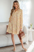 Load image into Gallery viewer, Yellow Floral Print Frilly Trim Smocked Cuff Long Sleeve Loose Shirt Dress
