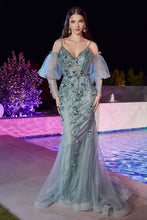 Load image into Gallery viewer, Embellished Fitted Mermaid Gown With Puff Sleeves
