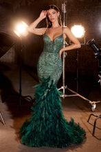 Load image into Gallery viewer, Feather Mermaid Gown with Beaded Corset Bodice

