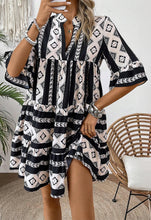 Load image into Gallery viewer, Black Geometric Print V Neck Ruffled Dress
