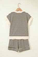 Load image into Gallery viewer, Black Stripe Ribbed Color Block Trim Zip Polo Tee Drawstring Shorts 2pcs Outfit
