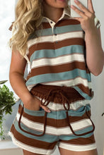 Load image into Gallery viewer, White Stripe Button Polo Collar Tee Drawstring Elastic Waist Patchwork 2pcs Short Set
