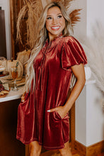 Load image into Gallery viewer, Cinnamon Velvet Smocked Neckline Puff Sleeve Shift Mini Dress
