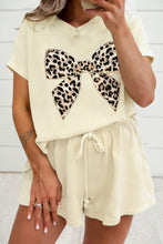 Load image into Gallery viewer, Black Contrast Leopard Bow Patched V Neck Loose Tee Drawstring Shorts 2pcs Outfit
