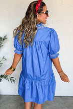 Load image into Gallery viewer, Sky Blue Embroidered Smocked Detail V Neck Short Puff Sleeve Mini Dress
