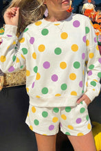 Load image into Gallery viewer, Multicolour Polka Dot Print Drop Shoulder Pullover Drawstring Shorts Set
