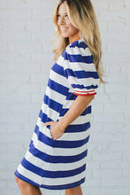 Load image into Gallery viewer, Red Stripe Contrast Trim Round Neck Short Puff Sleeve Shift Mini Dress
