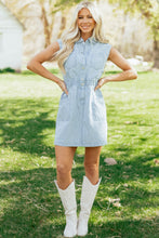 Load image into Gallery viewer, Sky Blue Stripe Collared Button Front Sleeveless Denim Mini Dress
