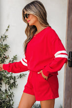 Load image into Gallery viewer, Orange Varsity Striped Sleeve Drop Shoulder Sweatshirt and Short Set
