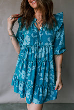 Load image into Gallery viewer, Blue Flower Half Sleeve Tiered Ruffled Mini Dress
