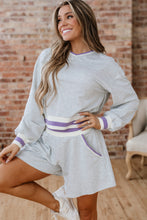 Load image into Gallery viewer, Light Grey Contrast Striped Bands Cropped Pullover and Athletic Short Set
