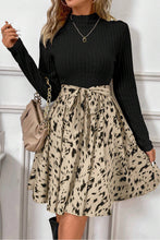 Load image into Gallery viewer, Black Ribbed Knit Patchwork Printed Belted A-line Dress
