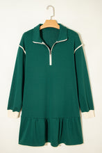 Load image into Gallery viewer, Evergreen Contrast Trim Zip Collar Long Sleeve Ruffle Hem Mini Dress
