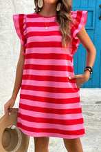 Load image into Gallery viewer, Black Stripe Flutter Sleeve Round Neck Shift Dress
