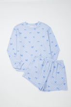 Load image into Gallery viewer, Sky Blue Valentines Bow Print Twisted Rib Loose Long Sleeve Top 2pcs Short Set
